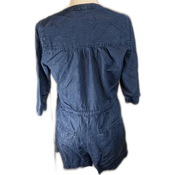 Express blue chambray button up 3/4 sleeve romper, denim, elastic & drawstring S - Picture 2 of 8